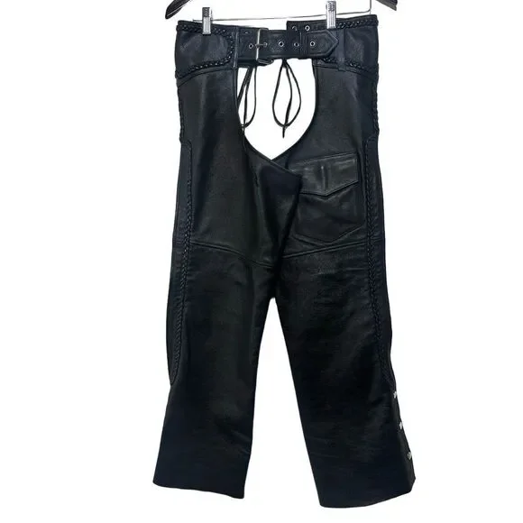 Genuine Womens Leather Motorcycle Chaps XS Zip Biker Western Riding Gear Black